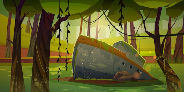 深い森の地面に苔で覆われた古い沈没船が立ち往生。漫画の背景、古代のボート、落葉樹とつる植物、冒険ゲーム、考古学、ベクトルイラストと自然の風景