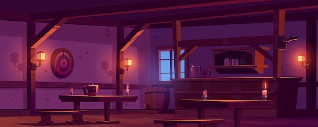 Free vector old tavern, vintage pub with wooden bar counter, shelf with bottles, glow lanterns and beer mug on table. cartoon empty interior of retro saloon with barrel and darts target at night