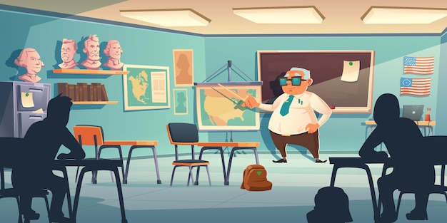 Old teacher trains children history in school classroom.