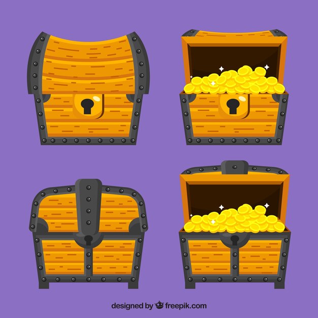 Old treasure chest collection with flat design