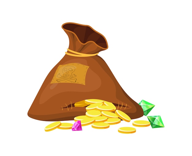 Old treasure sack. pirate bag with piles cash finance object, cartoon vector