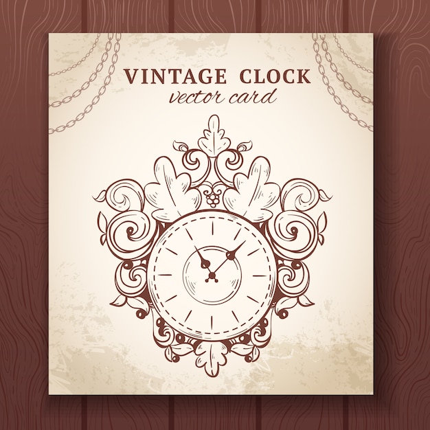 Vettore gratuito vecchio orologio di parete di schizzo d'annata retro con l'illustrazione di vettore della carta di carta della decorazione