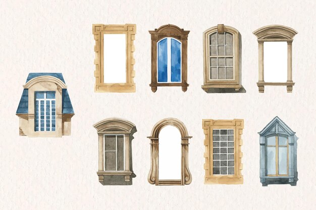 Old window architecture set watercolor illustration