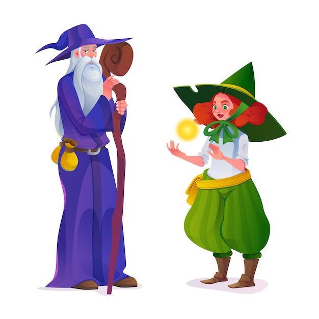 Free vector old wise male druid with young red hair elf