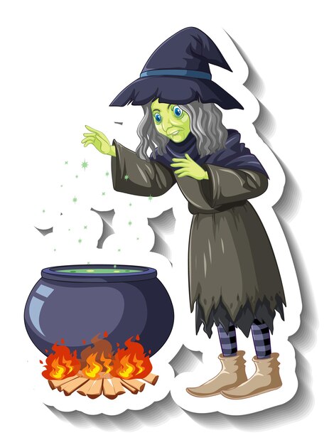 Old witch brewing potion pot cartoon character sticker