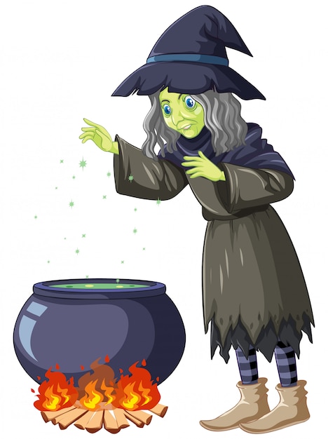 Old witch cooking potion cartoon character