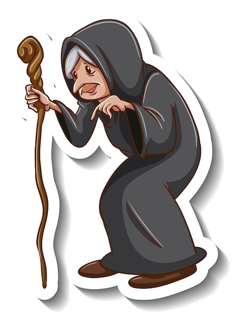 Free vector old witch holding staff cartoon character sticker