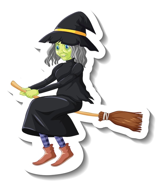 Old witch riding broomstick cartoon character sticker