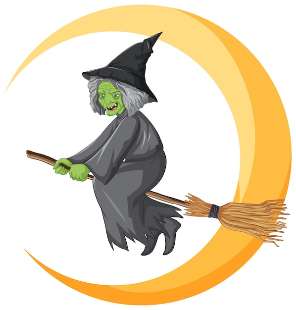 Old witch riding broomstick with crescent moon