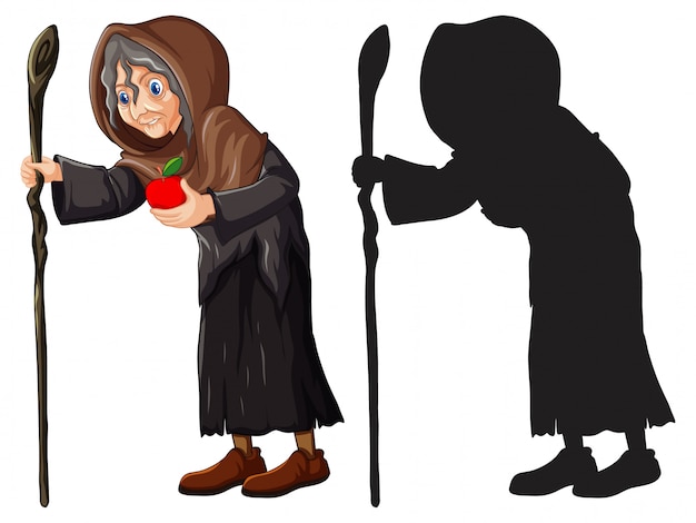 Old witch with red apple in color and silhouette cartoon character isolated on white background