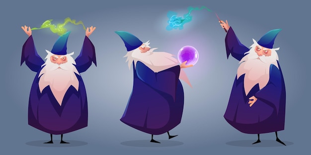 Vettore gratuito vecchio personaggio magico che fa magia.
