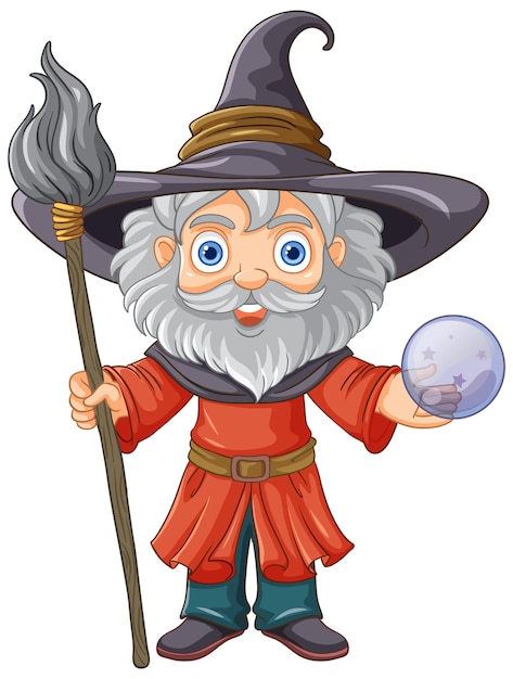 Free vector old wizard wearing a hat with a long beard holding stick