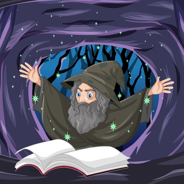 Old wizard with spell and book cartoon style on dark cave background