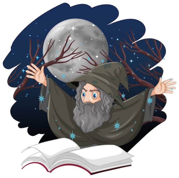 Free vector old wizard with spell and book cartoon style isolated on white background