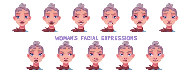 Vecchia donna espressione facciale del fumetto insieme vettore viso signora senior con emozioni diverse nonna avatar con aspetto neutro ridendo e arrabbiato imbarazzato e sorpreso ammiccando occhio
