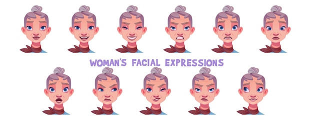 Old woman facial expression cartoon vector set senior lady face with different emotions grandmother avatar with neutral appearance laughing and angry embarrassed and surprised winking eye