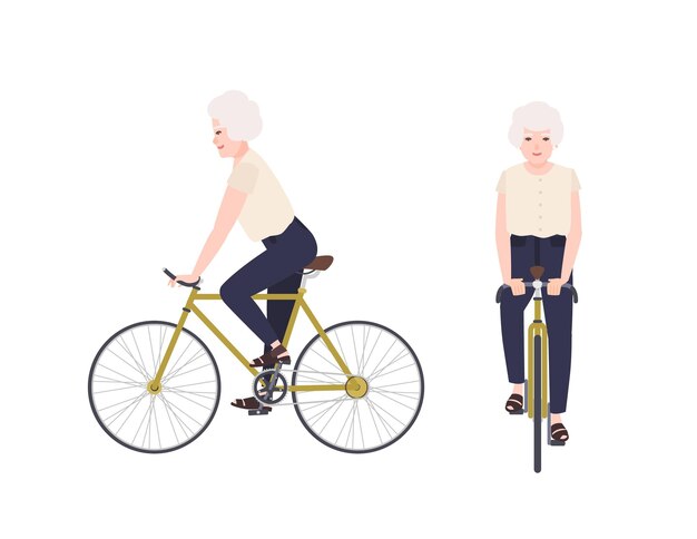 自転車で立っている現代の女の子 漫画のカラフルなイラスト プレミアムベクター