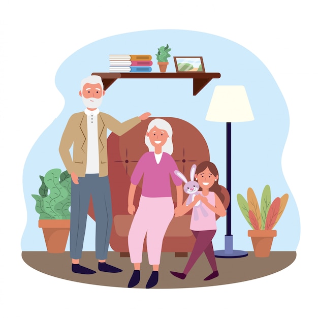 Old woman and man with girl and plants