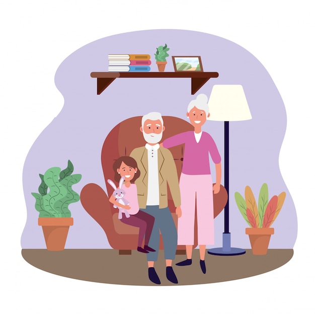 Free vector old woman and man with granddauhter in the chair