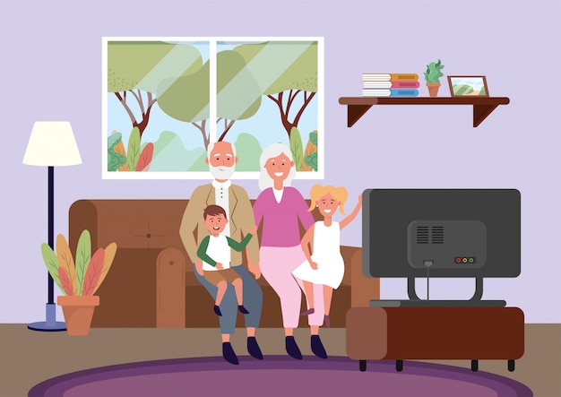 Free vector old woman and man with kids in the sofa