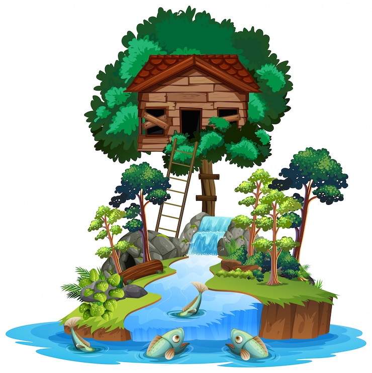 Free Vector old wooden tree house on island