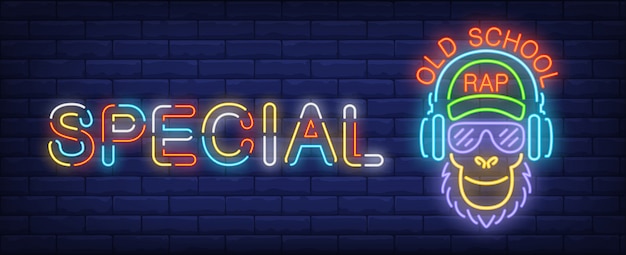 Free vector oldschool rap neon sign. monkey in sunglasses listening to music in headphones