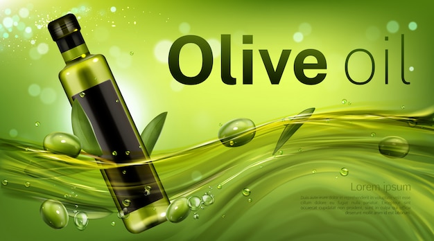 Olive oil bottle banner template, glass blank flask floating in liquid green flow with leaves and berries. Vegetable product for healthy cooking promotion advertising.