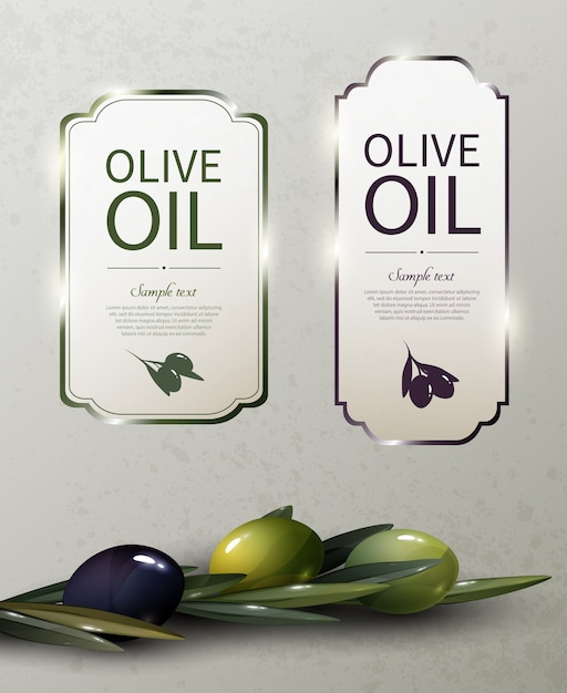 Бесплатное векторное изображение Глянцевые логотипы бренда оливкового масла с натуральными органическими зелеными и черными оливками