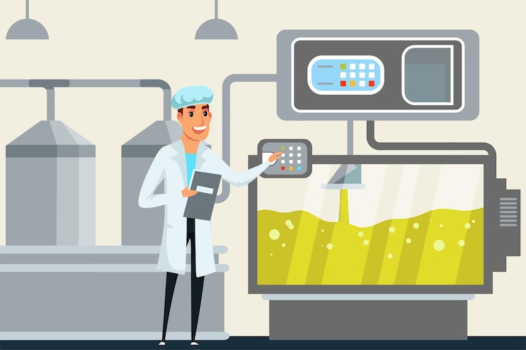 Free Vector olive oil production factory employee in white coat checking manufacturing process cartoon character organic virgin oil manufacture worker control industrial equipment