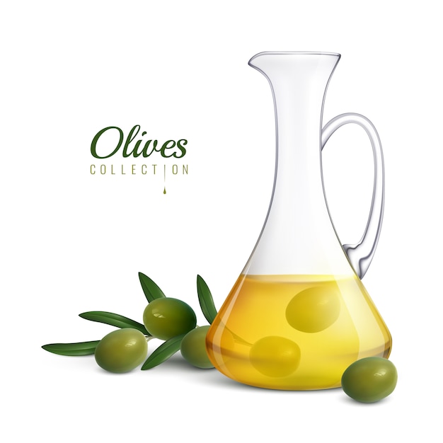 Реалистичная композиция из коллекции оливок со стеклянным кувшином из оливкового масла и веточкой дерева с зелеными свежими оливками