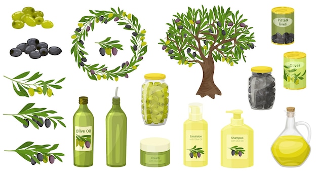 Vettore gratuito set piatto di olive di icone isolate con alberi di foglie mature bottiglie di olio d'oliva in scatola e illustrazione vettoriale dell'albero