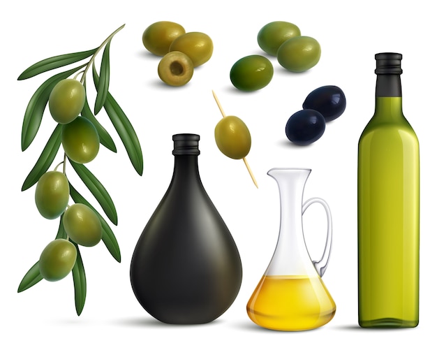 Vettore gratuito insieme realistico di olive e olio