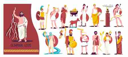 Free vector olympian gods isolated flat icon set different gods figures and greek warriors vector illustration