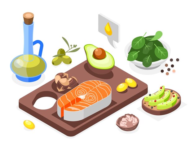 Omega 3 6 and 9 acids isometric composition with oil rich products vector illustration