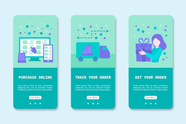 Free vector onboarding app design for online purchase