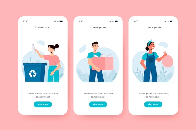 無料ベクター リサイクル用のオンボーディングアプリ画面