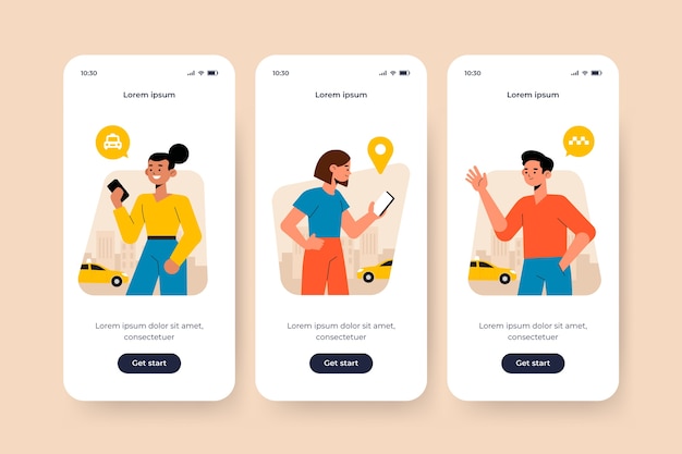 無料ベクター タクシーサービステーマのオンボーディングアプリ画面