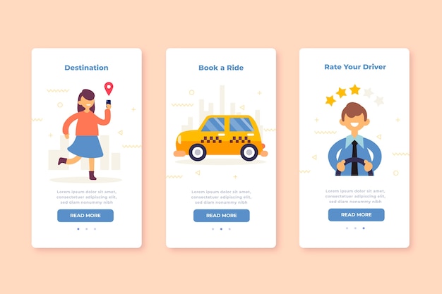 Onboarding app screens for taxi service