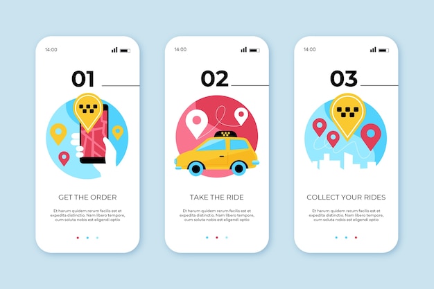 Onboarding app screens for taxi service