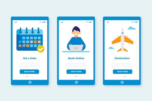 Free vector onboarding app screens for travelling service set