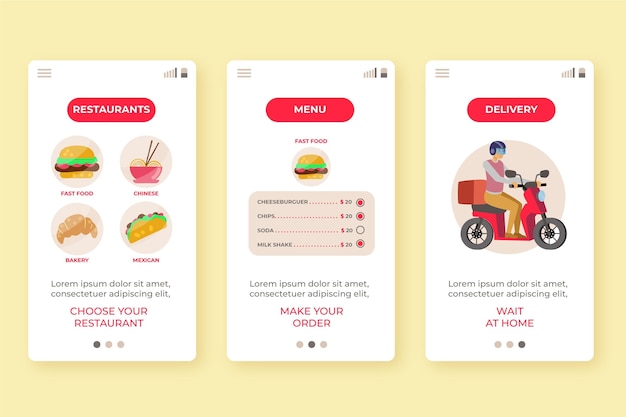 Vettore gratuito schermate di onboarding per l'app di consegna cibo