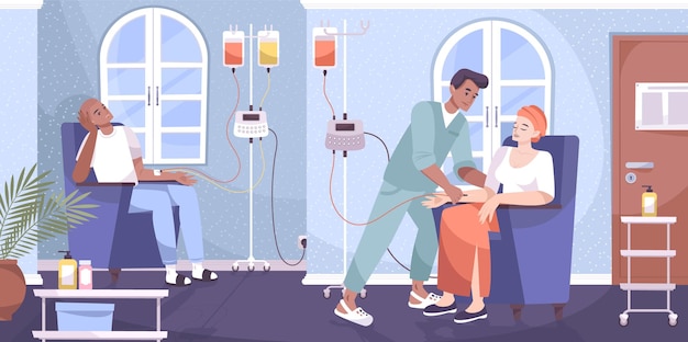 Oncological patients undergoing intravenous chemotherapy infusion cancer treatment administrated by male nurse flat composition