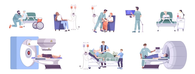 Oncology diagnostic treatment care 8 flat compositions with mri scanner chemo and radiotherapy children ward vector illustration