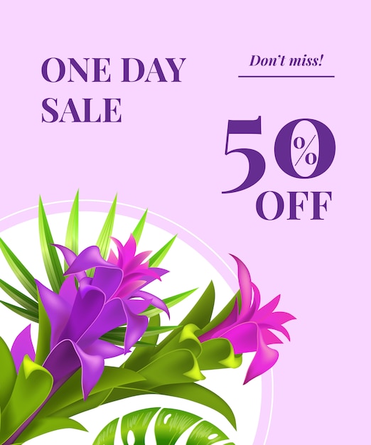 하루 판매, 50 % 할인, 라운드 프레임에 보라색 꽃이있는 전단지를 놓치지 마세요