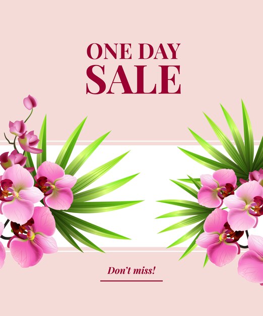 One day sale, do not miss poster with pink flowers on white banner. 