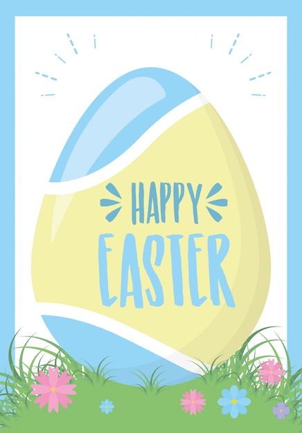 One easter egg on grass with flowers, greeting card