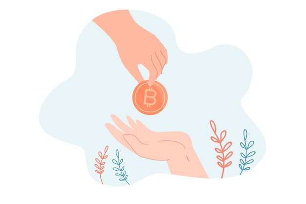 One hand giving bitcoin to another hand flat vector illustration. People receiving cryptocurrency or virtual money. Investment, banking, electronic wallet concept