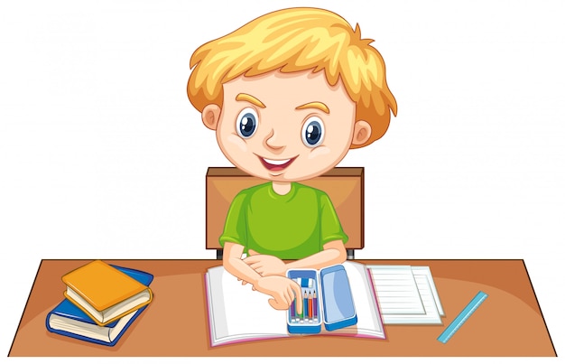 Free vector one happy boy doing homework on the desk