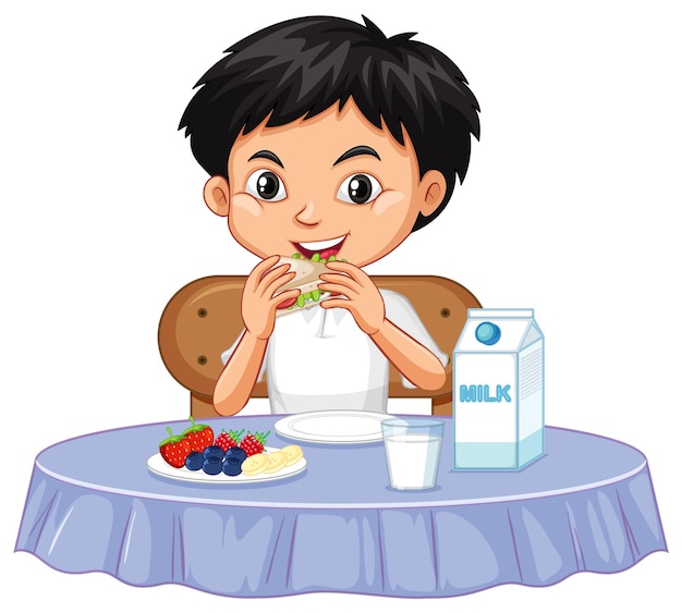 Free vector one happy boy eating on the table