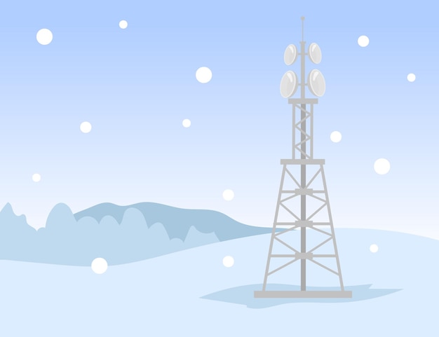 Free vector one metal signal transmission tower in winter field. snow, network, internet flat illustration